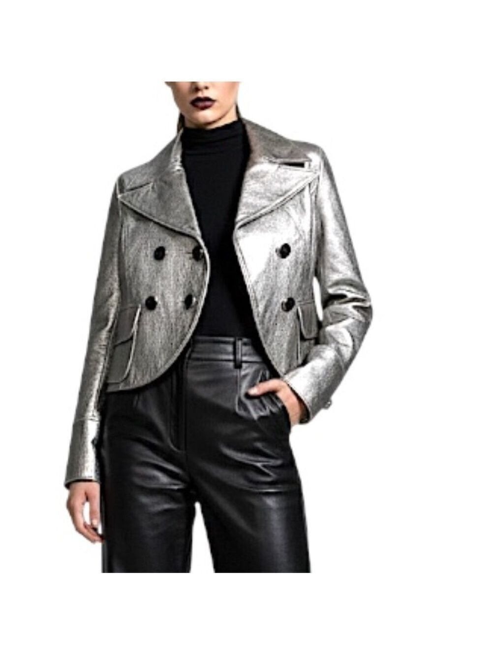 Andy The Ahn designer metallic silver Italian leather cropped trench coat 0
